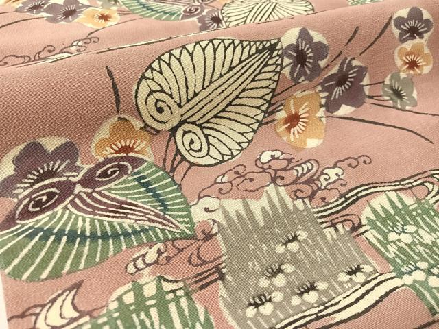 平和屋着物●九寸名古屋帯　型染め　流水花文　正絹　逸品　CABL6322vp