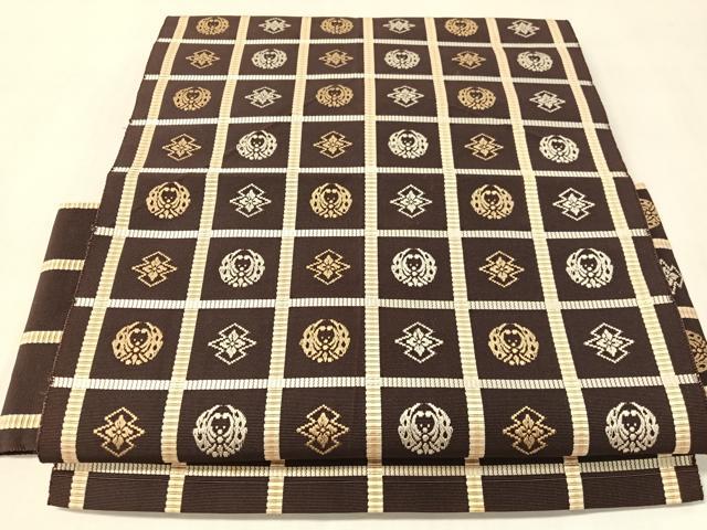 平和屋着物●本場筑前博多織　八寸名古屋帯　格子吉祥花蝶文　正絹　逸品　CABL6336vp