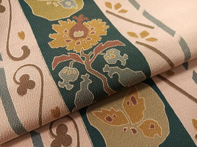 平和屋着物●全通柄　九寸名古屋帯　更紗間道　鬼しぼ縮緬　正絹　逸品　CABL6349vp
