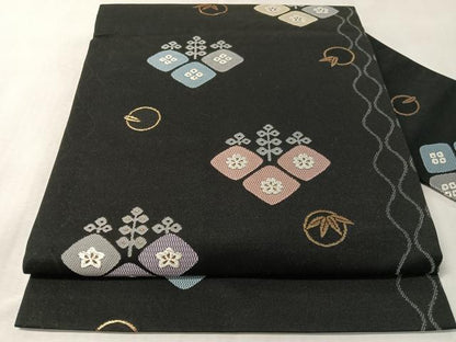 平和屋着物●九寸名古屋帯　立涌花文　黒地　金糸　正絹　逸品　CABL6353vp