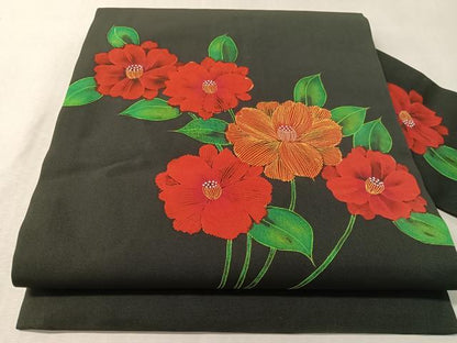 平和屋着物●塩瀬　九寸名古屋帯　ろうけつ染　草花文　黒地　正絹　逸品　CABL6356vp