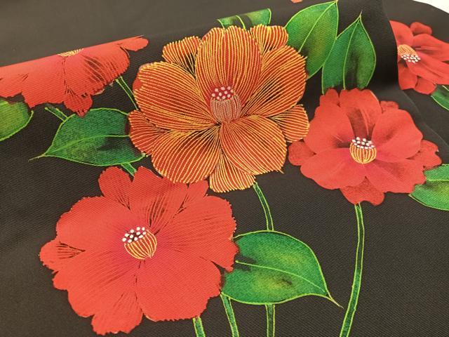 平和屋着物●塩瀬　九寸名古屋帯　ろうけつ染　草花文　黒地　正絹　逸品　CABL6356vp