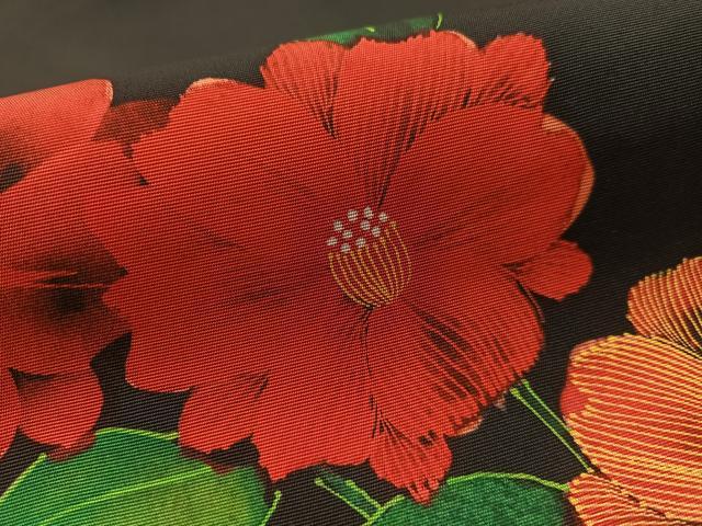 平和屋着物●塩瀬　九寸名古屋帯　ろうけつ染　草花文　黒地　正絹　逸品　CABL6356vp