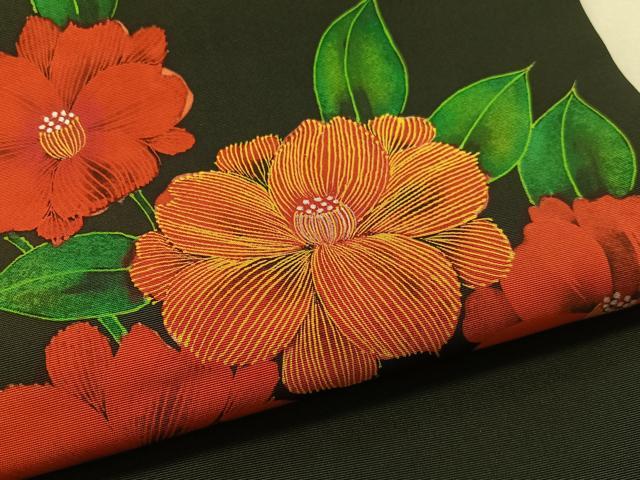 平和屋着物●塩瀬　九寸名古屋帯　ろうけつ染　草花文　黒地　正絹　逸品　CABL6356vp