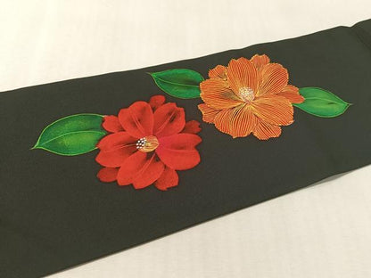 平和屋着物●塩瀬　九寸名古屋帯　ろうけつ染　草花文　黒地　正絹　逸品　CABL6356vp