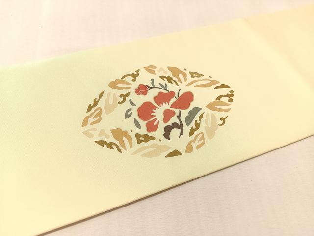 平和屋着物●塩瀬　九寸名古屋帯　刺繍　七宝花文　金彩　正絹　逸品　CABL6362vp