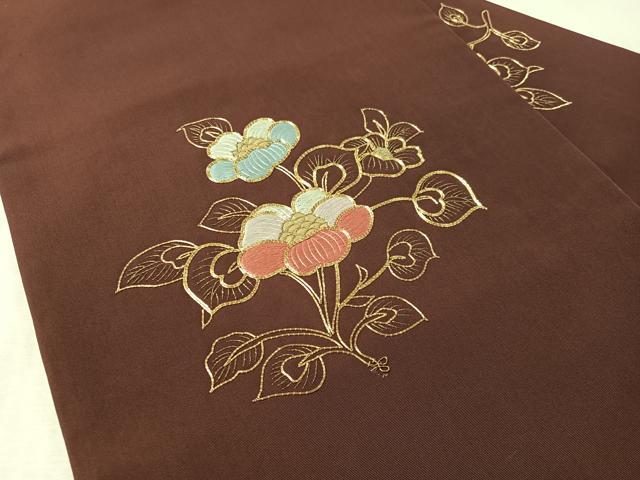 平和屋着物●塩瀬　九寸名古屋帯　総刺繍　駒刺繍　草花文　金糸　正絹　逸品　CABL6364vp