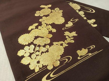 平和屋着物●塩瀬　九寸名古屋帯　流水鴛鴦菊文　金彩　正絹　逸品　CABL6367vp