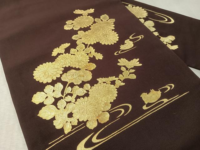 平和屋着物●塩瀬　九寸名古屋帯　流水鴛鴦菊文　金彩　正絹　逸品　CABL6367vp