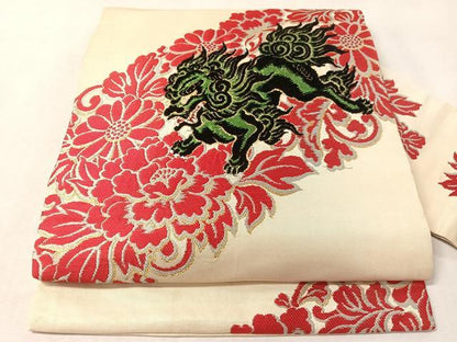 平和屋着物●アンティーク　大正ロマン　九寸名古屋帯　狛犬　金銀糸　正絹　逸品　CABL6370vp