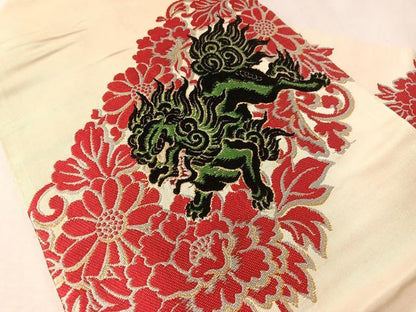 平和屋着物●アンティーク　大正ロマン　九寸名古屋帯　狛犬　金銀糸　正絹　逸品　CABL6370vp