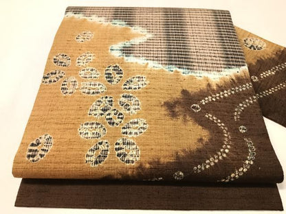 平和屋着物●九寸名古屋帯　紬地　絞り　流水花文　正絹　逸品　CABL6381vp
