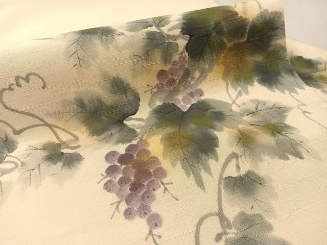 平和屋着物●九寸名古屋帯　作家物　手描き　紬地　葡萄蔦の葉文　金彩　やまと誂製　正絹　逸品　CABL6383vp