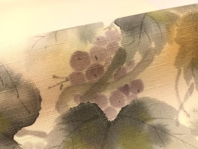 平和屋着物●九寸名古屋帯　作家物　手描き　紬地　葡萄蔦の葉文　金彩　やまと誂製　正絹　逸品　CABL6383vp