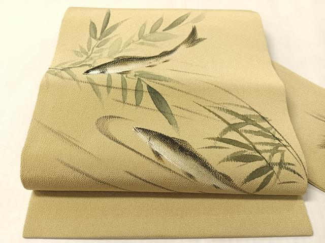 平和屋着物●九寸名古屋帯　手描き　鮎　利休茶色　鬼しぼ縮緬　正絹　逸品　CABL6385vp
