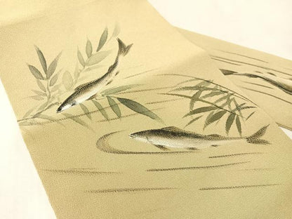 平和屋着物●九寸名古屋帯　手描き　鮎　利休茶色　鬼しぼ縮緬　正絹　逸品　CABL6385vp