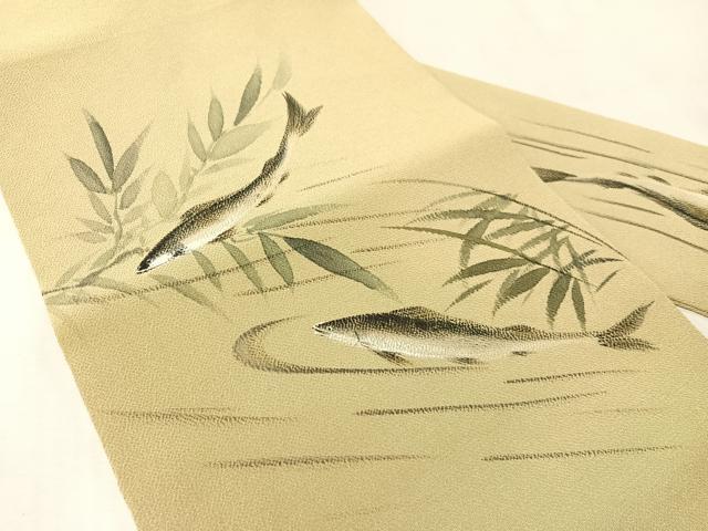 平和屋着物●九寸名古屋帯　手描き　鮎　利休茶色　鬼しぼ縮緬　正絹　逸品　CABL6385vp
