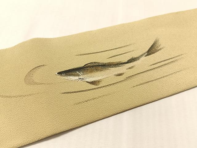 平和屋着物●九寸名古屋帯　手描き　鮎　利休茶色　鬼しぼ縮緬　正絹　逸品　CABL6385vp