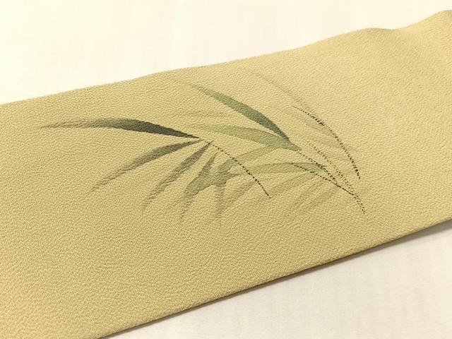 平和屋着物●九寸名古屋帯　手描き　鮎　利休茶色　鬼しぼ縮緬　正絹　逸品　CABL6385vp