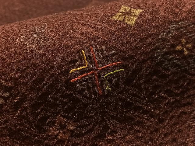 平和屋着物●九寸名古屋帯　総絞り　刺繍　横段七宝花文　金糸　正絹　逸品　CABL6388vp