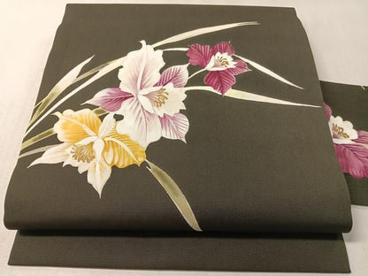 平和屋着物●塩瀬　九寸名古屋帯　手描き　カトレア　黒地　金彩　正絹　逸品　CABL6392vp