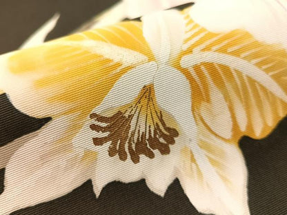 平和屋着物●塩瀬　九寸名古屋帯　手描き　カトレア　黒地　金彩　正絹　逸品　CABL6392vp