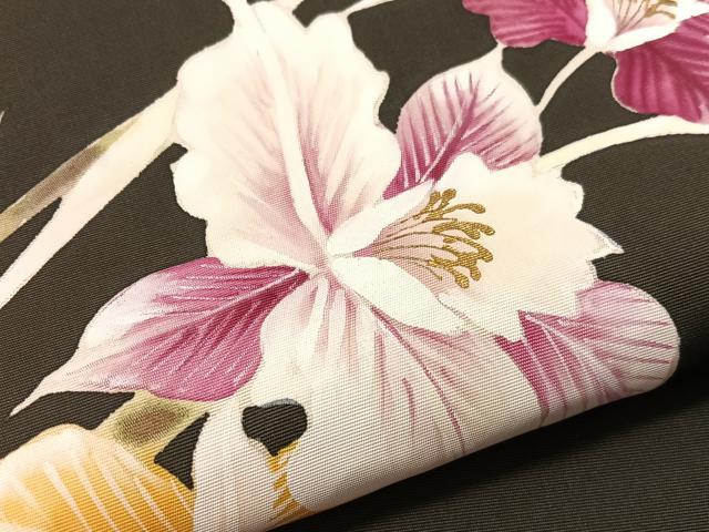 平和屋着物●塩瀬　九寸名古屋帯　手描き　カトレア　黒地　金彩　正絹　逸品　CABL6392vp