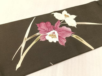 平和屋着物●塩瀬　九寸名古屋帯　手描き　カトレア　黒地　金彩　正絹　逸品　CABL6392vp
