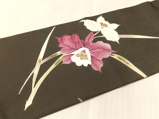 平和屋着物●塩瀬　九寸名古屋帯　手描き　カトレア　黒地　金彩　正絹　逸品　CABL6392vp
