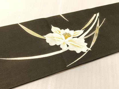 平和屋着物●塩瀬　九寸名古屋帯　手描き　カトレア　黒地　金彩　正絹　逸品　CABL6392vp