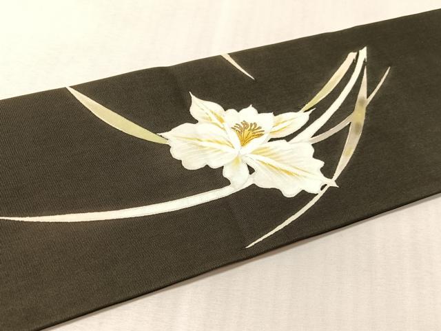 平和屋着物●塩瀬　九寸名古屋帯　手描き　カトレア　黒地　金彩　正絹　逸品　CABL6392vp
