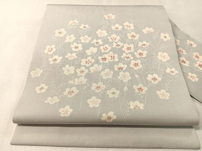 平和屋着物●塩瀬　九寸名古屋帯　草花文　銀彩　正絹　逸品　CABL6393vp