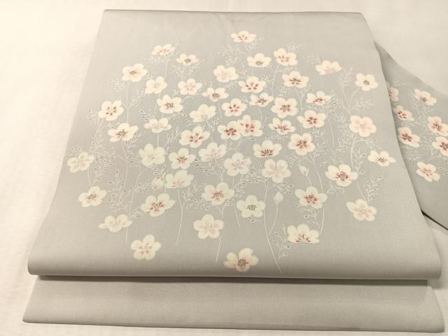 平和屋着物●塩瀬　九寸名古屋帯　草花文　銀彩　正絹　逸品　CABL6393vp
