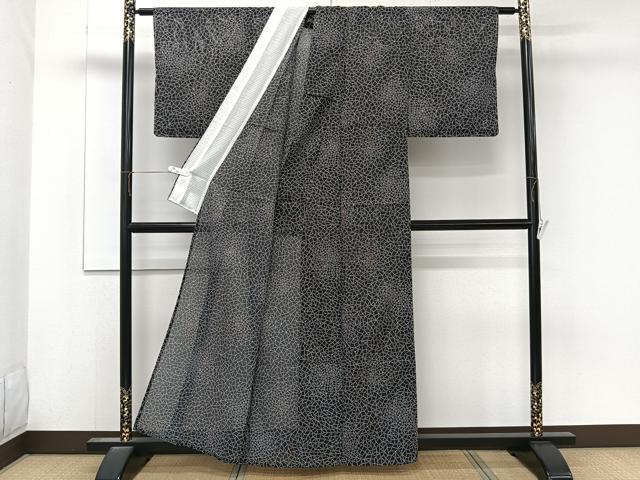平和屋着物＊夏物　小紋　絽　幾何学文　黒地　洗える着物　未使用　CABL6815xi
