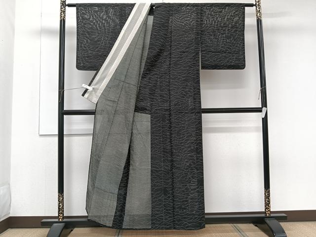 平和屋着物＊夏物　小紋　絽　芝重ね文　黒地　洗える着物　CABL6822xi