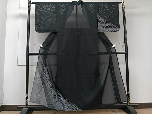 平和屋着物＊夏物　訪問着　絽　青海波文　黒地　洗える着物　CABL6826xi