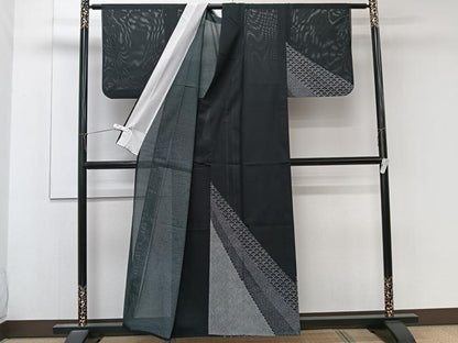 平和屋着物＊夏物　訪問着　絽　青海波文　黒地　洗える着物　CABL6826xi