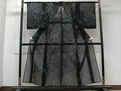 平和屋着物＊夏物　本場大島紬　夏大島　花唐草文　黒地　正絹　逸品　CABL6853xi