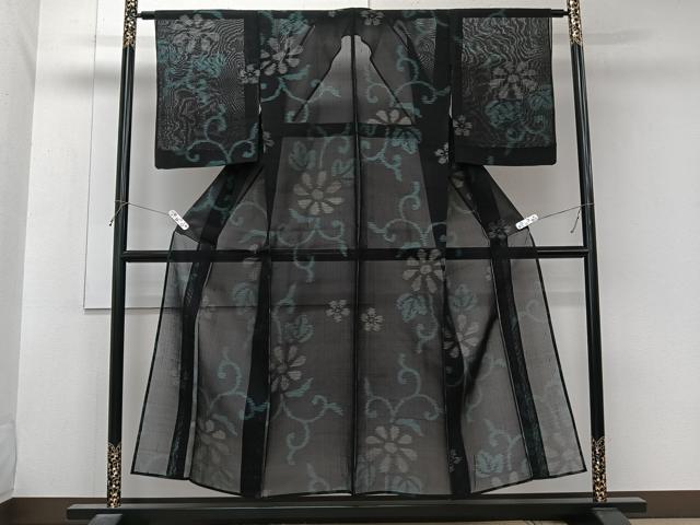 平和屋着物＊夏物　本場大島紬　夏大島　花唐草文　黒地　正絹　逸品　CABL6853xi