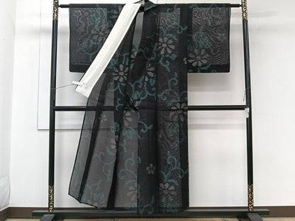 平和屋着物＊夏物　本場大島紬　夏大島　花唐草文　黒地　正絹　逸品　CABL6853xi