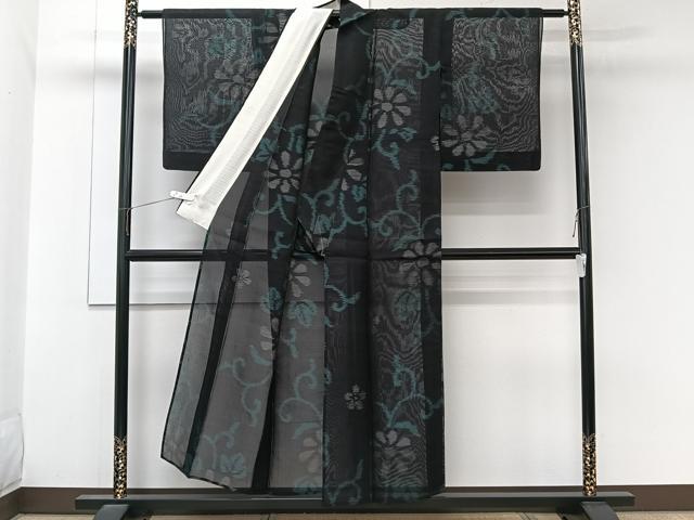 平和屋着物＊夏物　本場大島紬　夏大島　花唐草文　黒地　正絹　逸品　CABL6853xi