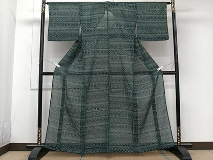 平和屋着物＊夏物　紗紬　横段段幾何学花文　正絹　逸品　CABL6856xi