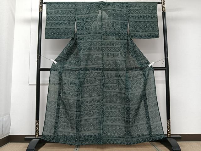 平和屋着物＊夏物　紗紬　横段段幾何学花文　正絹　逸品　CABL6856xi