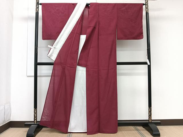 平和屋着物＊夏物　色無地　流水枝葉紋紗　葡萄茶色　正絹　逸品　CABL6880xi