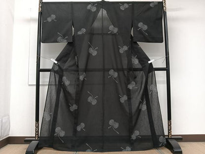 平和屋着物＊夏物　小紋　紗　鼓文　黒地　洗える着物　CABL6884xi