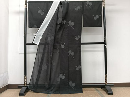 平和屋着物＊夏物　小紋　紗　鼓文　黒地　洗える着物　CABL6884xi