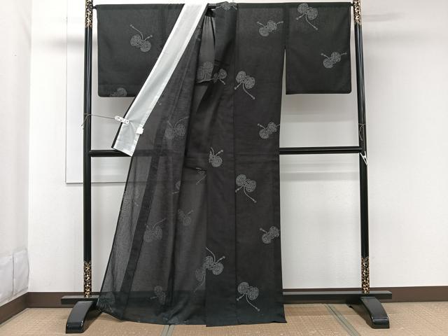 平和屋着物＊夏物　小紋　紗　鼓文　黒地　洗える着物　CABL6884xi