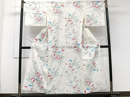 平和屋着物＊夏物　小紋　絽　流水花蝶文　洗える着物　CABL6886xi
