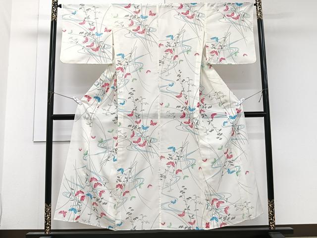 平和屋着物＊夏物　小紋　絽　流水花蝶文　洗える着物　CABL6886xi