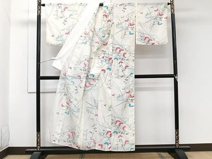 平和屋着物＊夏物　小紋　絽　流水花蝶文　洗える着物　CABL6886xi